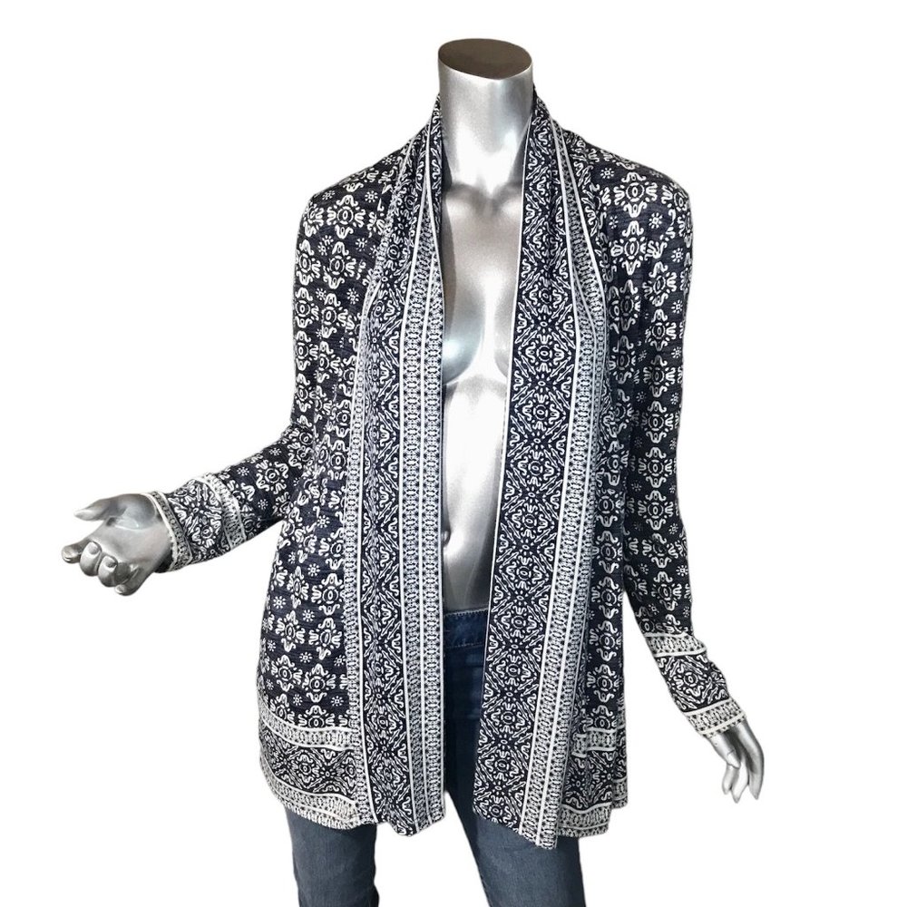Dalia Small Cardigan Open Front Tunic Top Soft Stretchy Blue & White Boho